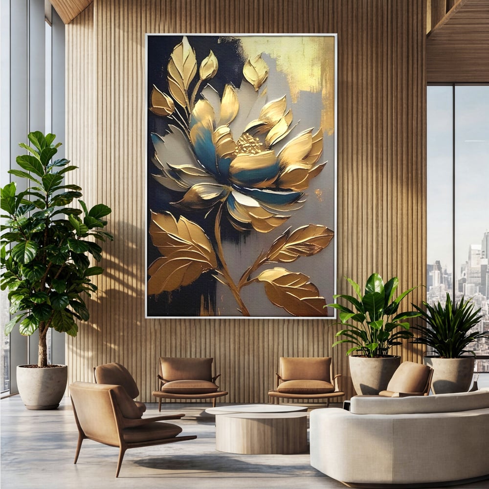 Leinwandbilder Premium LuxCanva® A1297, Gold Blumen, Wohnen, Blume, Golden, Blätter, Schlafzimmer, Lebendige Farben