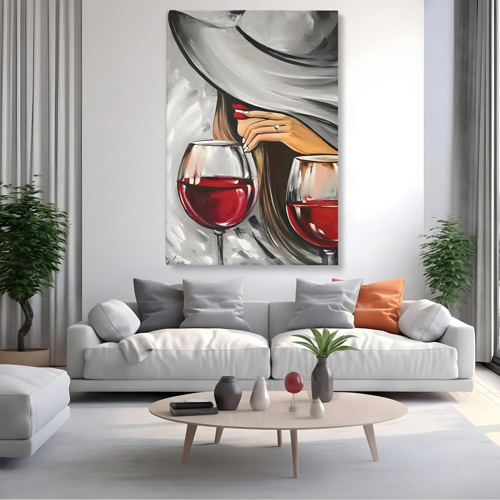 Tablou Canvas Premium LuxCanva® A1298, Red Wine, Living, Femeie, Vin Rosu, Buze Rosii, Mana, Dormitor, Culori Vibrante