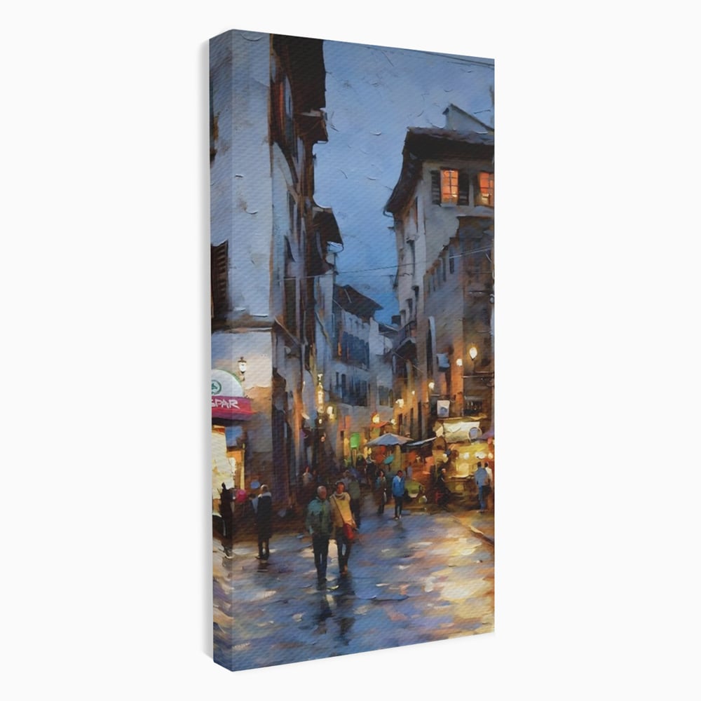 Leinwandbilder Leinwandbilder Premium LuxCanva® A1299, Stadt, Wohnen, Menschen, Abend, Terrassen, Geschäfte, Café, Lebendige Farben