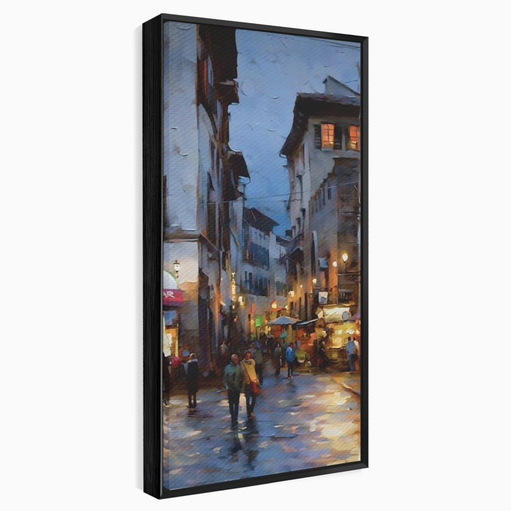 Leinwandbilder Leinwandbilder Premium LuxCanva® A1299, Stadt, Wohnen, Menschen, Abend, Terrassen, Geschäfte, Café, Lebendige Farben