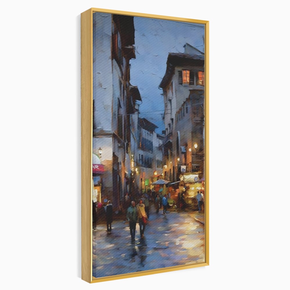 Leinwandbilder Leinwandbilder Premium LuxCanva® A1299, Stadt, Wohnen, Menschen, Abend, Terrassen, Geschäfte, Café, Lebendige Farben