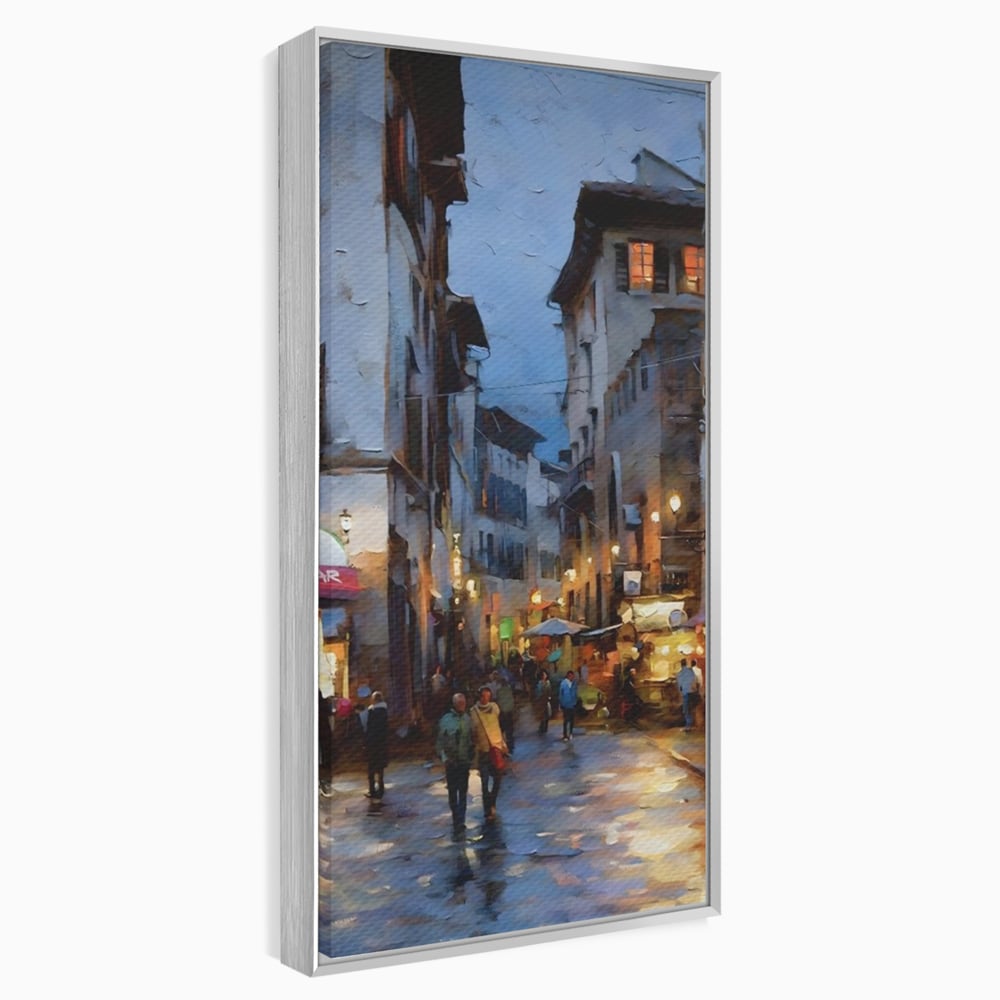 Leinwandbilder Leinwandbilder Premium LuxCanva® A1299, Stadt, Wohnen, Menschen, Abend, Terrassen, Geschäfte, Café, Lebendige Farben