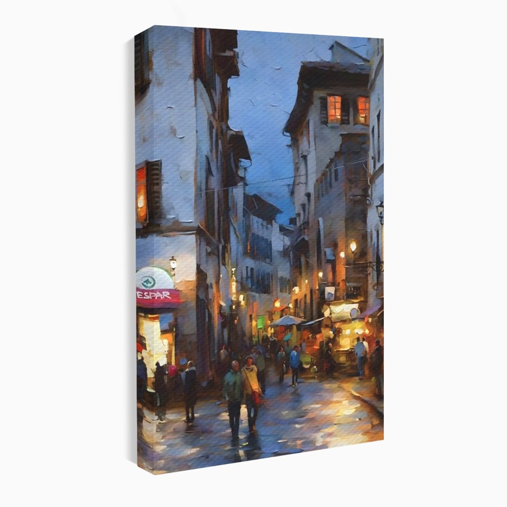 Leinwandbilder Leinwandbilder Premium LuxCanva® A1299, Stadt, Wohnen, Menschen, Abend, Terrassen, Geschäfte, Café, Lebendige Farben