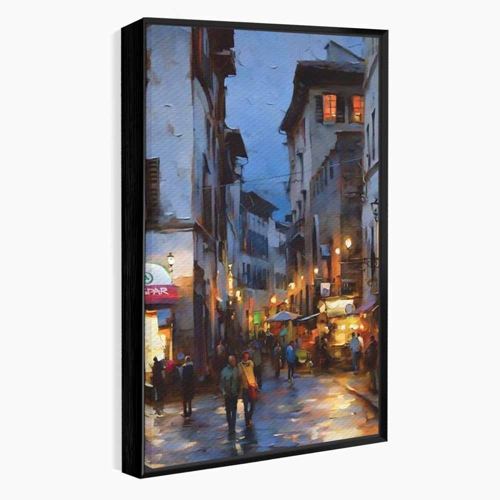 Leinwandbilder Leinwandbilder Premium LuxCanva® A1299, Stadt, Wohnen, Menschen, Abend, Terrassen, Geschäfte, Café, Lebendige Farben
