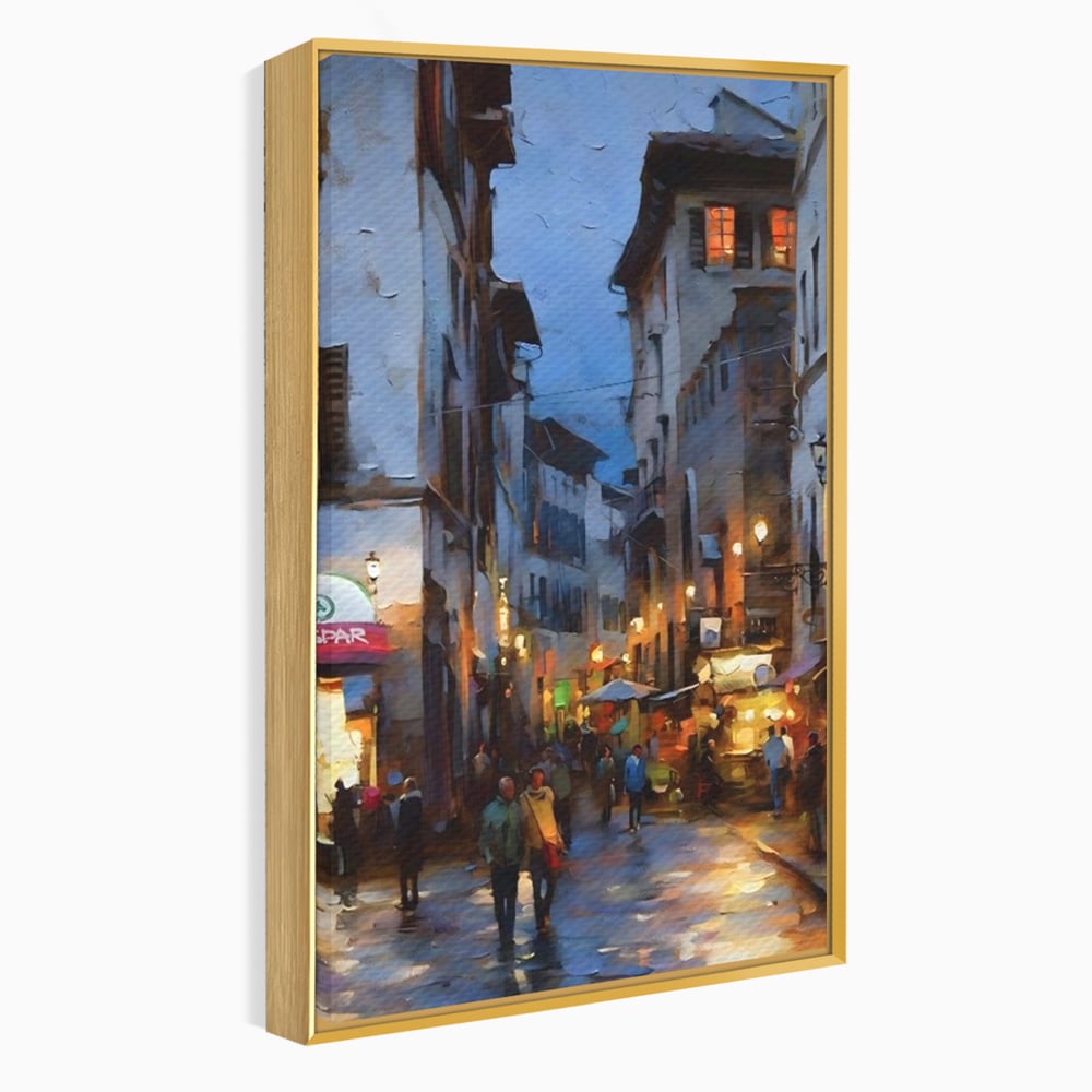 Leinwandbilder Leinwandbilder Premium LuxCanva® A1299, Stadt, Wohnen, Menschen, Abend, Terrassen, Geschäfte, Café, Lebendige Farben