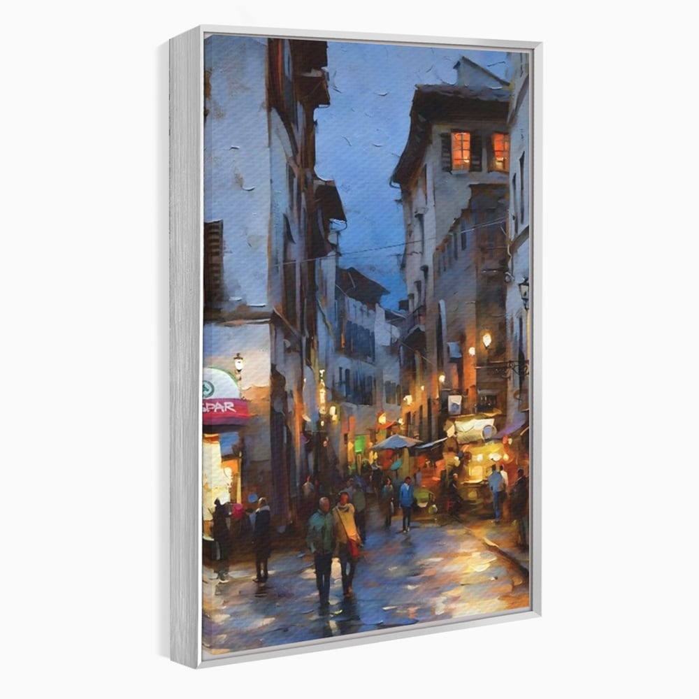 Leinwandbilder Leinwandbilder Premium LuxCanva® A1299, Stadt, Wohnen, Menschen, Abend, Terrassen, Geschäfte, Café, Lebendige Farben
