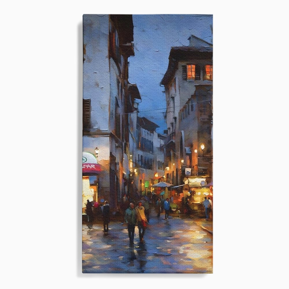 Leinwandbilder Leinwandbilder Premium LuxCanva® A1299, Stadt, Wohnen, Menschen, Abend, Terrassen, Geschäfte, Café, Lebendige Farben