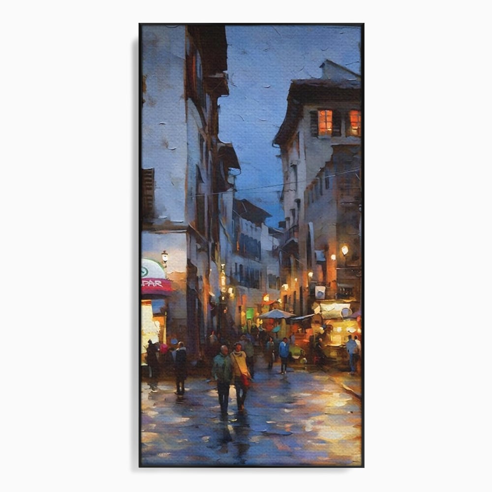 Leinwandbilder Leinwandbilder Premium LuxCanva® A1299, Stadt, Wohnen, Menschen, Abend, Terrassen, Geschäfte, Café, Lebendige Farben