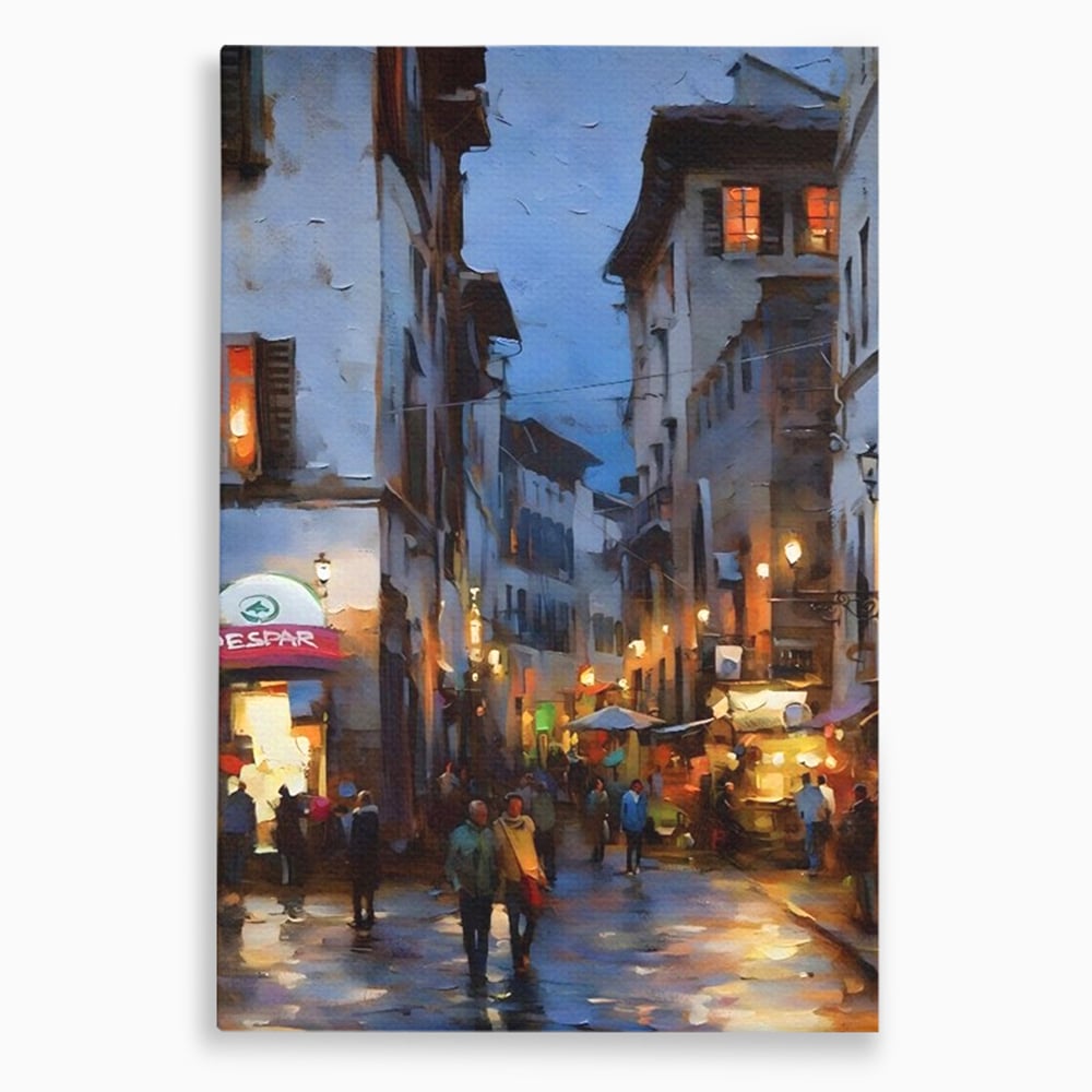 Leinwandbilder Leinwandbilder Premium LuxCanva® A1299, Stadt, Wohnen, Menschen, Abend, Terrassen, Geschäfte, Café, Lebendige Farben