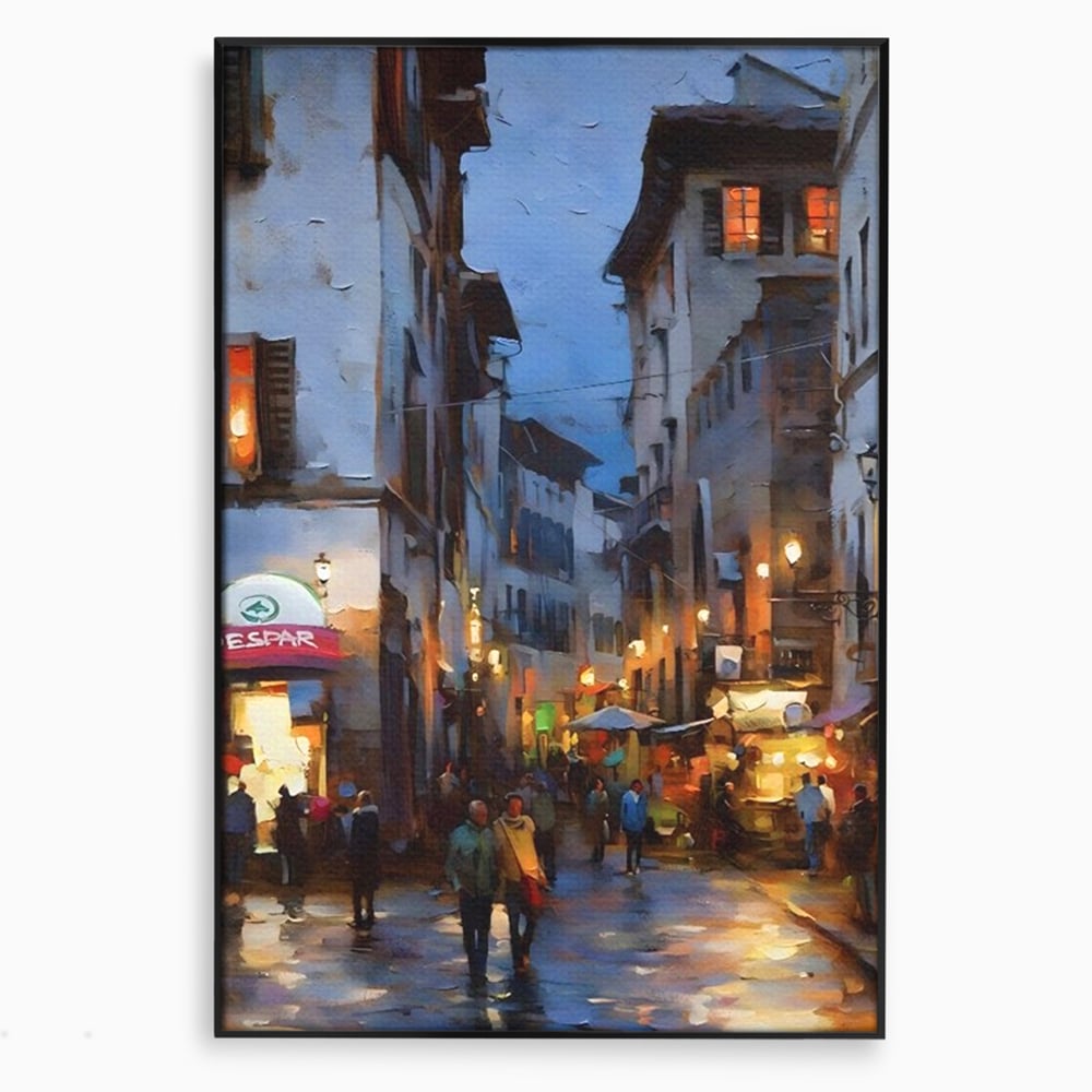 Leinwandbilder Leinwandbilder Premium LuxCanva® A1299, Stadt, Wohnen, Menschen, Abend, Terrassen, Geschäfte, Café, Lebendige Farben