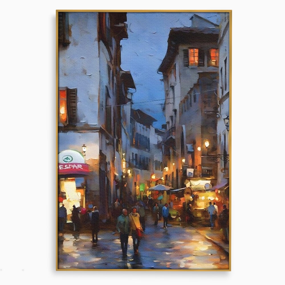 Leinwandbilder Leinwandbilder Premium LuxCanva® A1299, Stadt, Wohnen, Menschen, Abend, Terrassen, Geschäfte, Café, Lebendige Farben