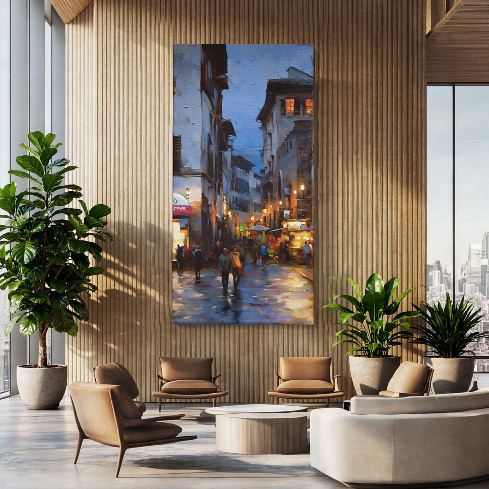 Leinwandbilder Leinwandbilder Premium LuxCanva® A1299, Stadt, Wohnen, Menschen, Abend, Terrassen, Geschäfte, Café, Lebendige Farben