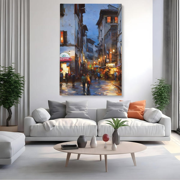 Leinwandbilder Leinwandbilder Premium LuxCanva® A1299, Stadt, Wohnen, Menschen, Abend, Terrassen, Geschäfte, Café, Lebendige Farben