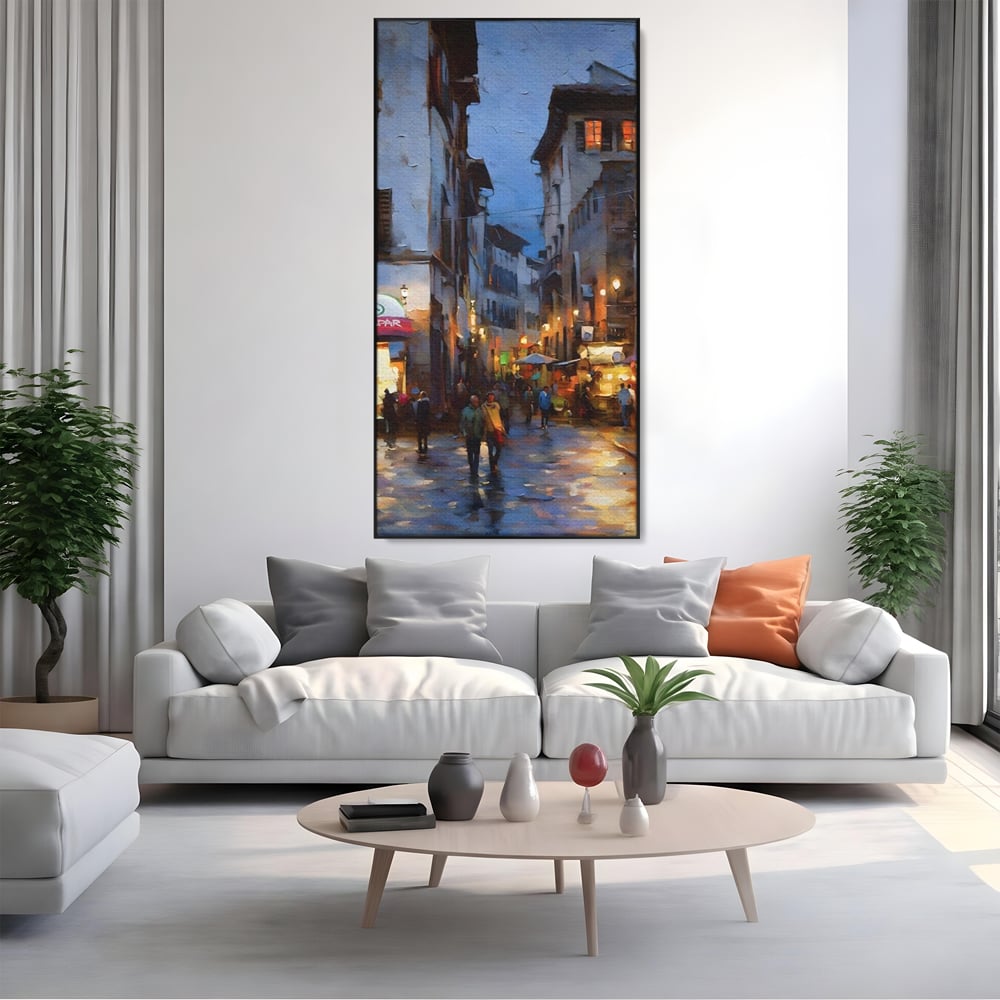 Leinwandbilder Leinwandbilder Premium LuxCanva® A1299, Stadt, Wohnen, Menschen, Abend, Terrassen, Geschäfte, Café, Lebendige Farben