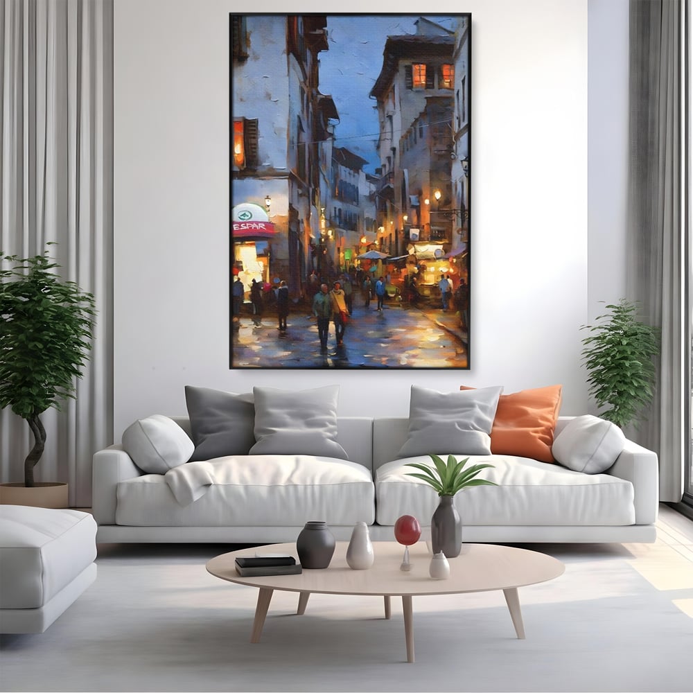 Leinwandbilder Leinwandbilder Premium LuxCanva® A1299, Stadt, Wohnen, Menschen, Abend, Terrassen, Geschäfte, Café, Lebendige Farben