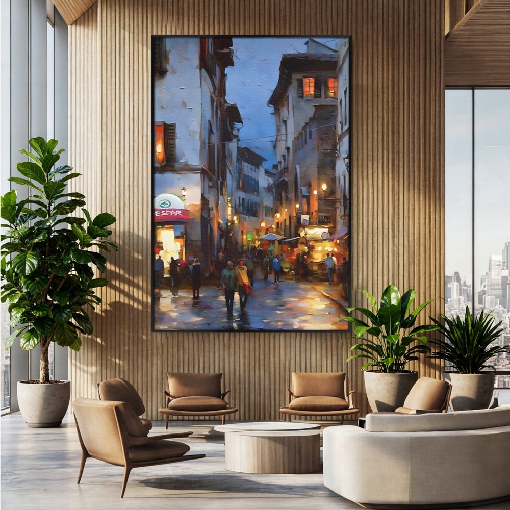 Leinwandbilder Leinwandbilder Premium LuxCanva® A1299, Stadt, Wohnen, Menschen, Abend, Terrassen, Geschäfte, Café, Lebendige Farben