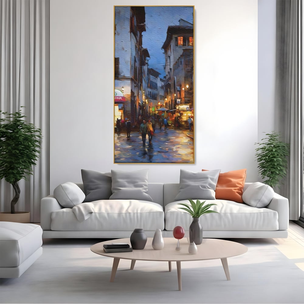 Leinwandbilder Leinwandbilder Premium LuxCanva® A1299, Stadt, Wohnen, Menschen, Abend, Terrassen, Geschäfte, Café, Lebendige Farben