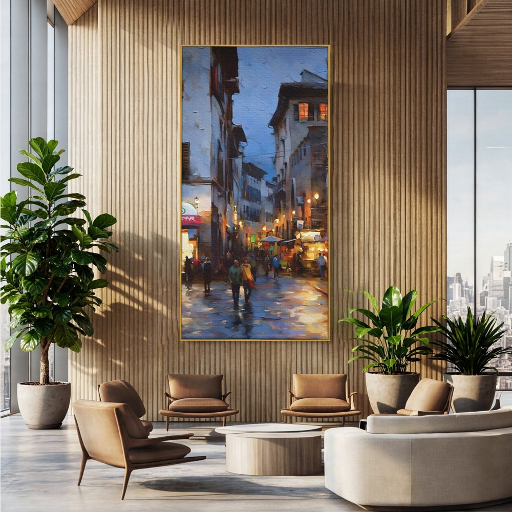 Leinwandbilder Leinwandbilder Premium LuxCanva® A1299, Stadt, Wohnen, Menschen, Abend, Terrassen, Geschäfte, Café, Lebendige Farben