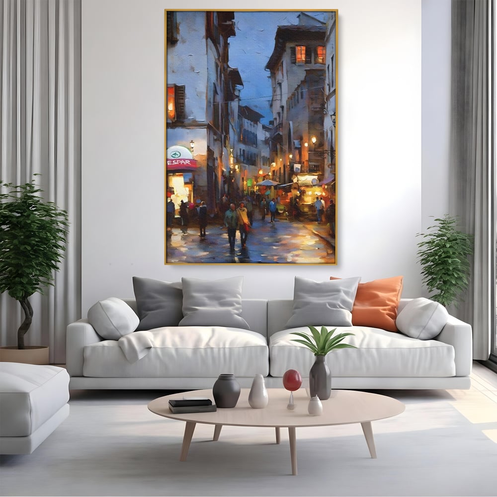 Leinwandbilder Leinwandbilder Premium LuxCanva® A1299, Stadt, Wohnen, Menschen, Abend, Terrassen, Geschäfte, Café, Lebendige Farben