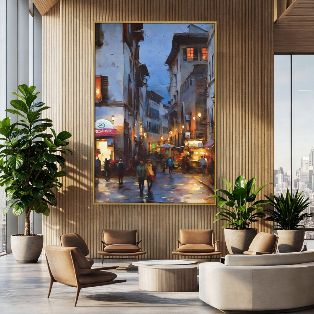 Leinwandbilder Leinwandbilder Premium LuxCanva® A1299, Stadt, Wohnen, Menschen, Abend, Terrassen, Geschäfte, Café, Lebendige Farben