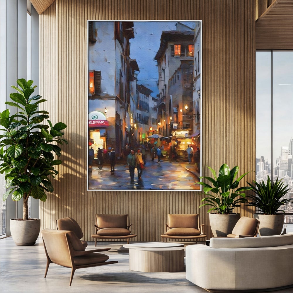 Leinwandbilder Leinwandbilder Premium LuxCanva® A1299, Stadt, Wohnen, Menschen, Abend, Terrassen, Geschäfte, Café, Lebendige Farben