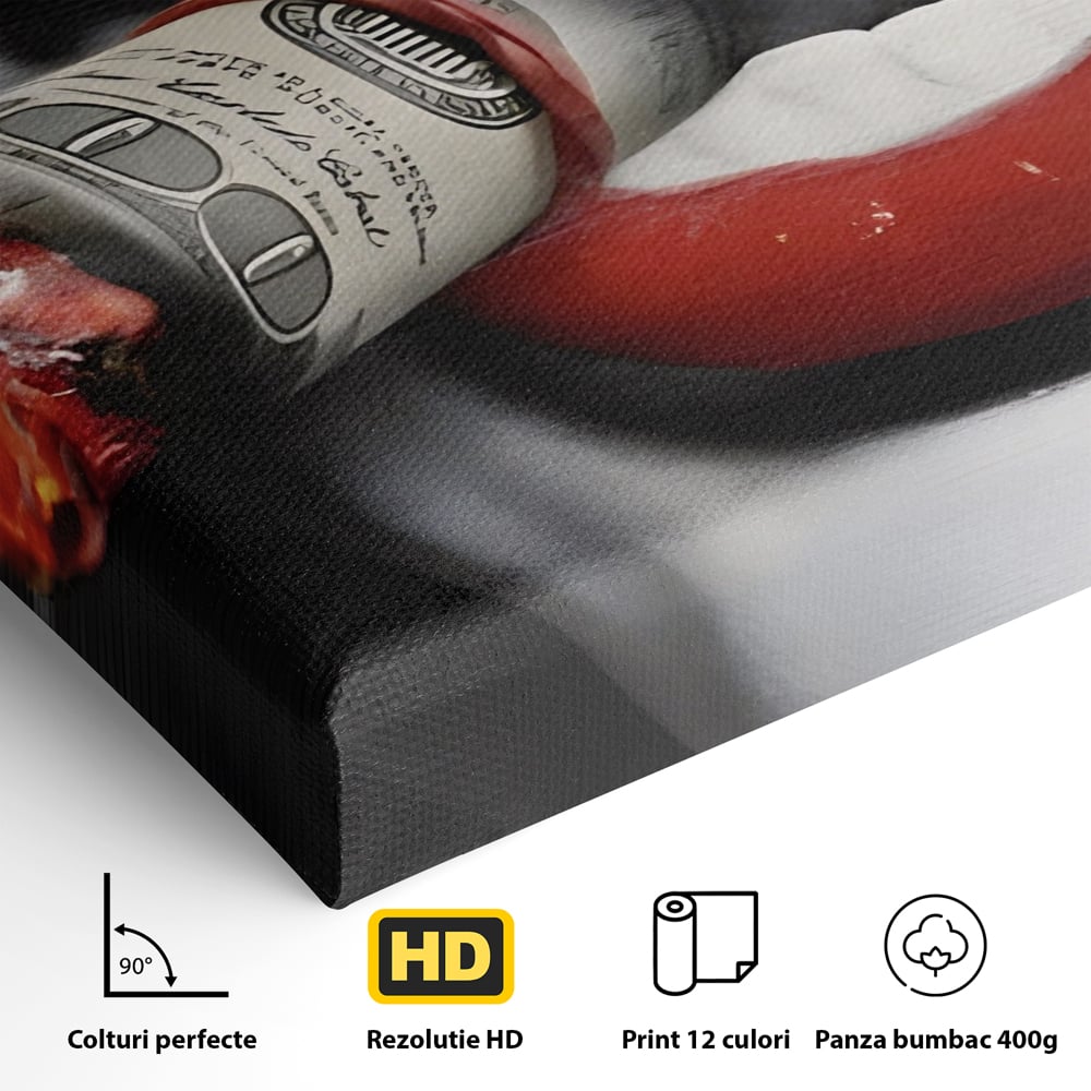 Tablou Canvas Premium LuxCanva® A1301, Dollar Cigarette, Living, Buze Rosii, Femeie, Fum, Cash, Dressing, Culori Vibrante