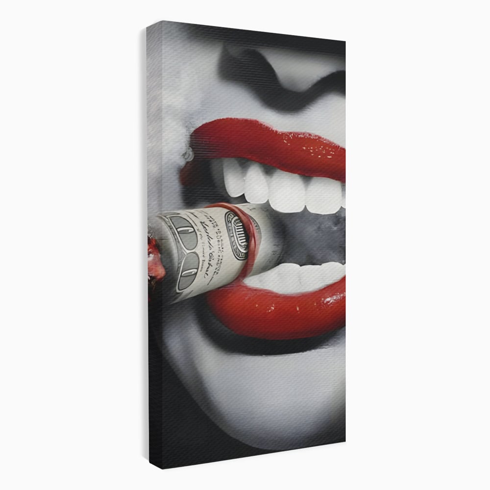 Tablou Canvas Premium LuxCanva® A1301, Dollar Cigarette, Living, Buze Rosii, Femeie, Fum, Cash, Dressing, Culori Vibrante