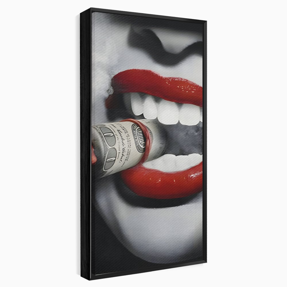 Tablou Canvas Premium LuxCanva® A1301, Dollar Cigarette, Living, Buze Rosii, Femeie, Fum, Cash, Dressing, Culori Vibrante