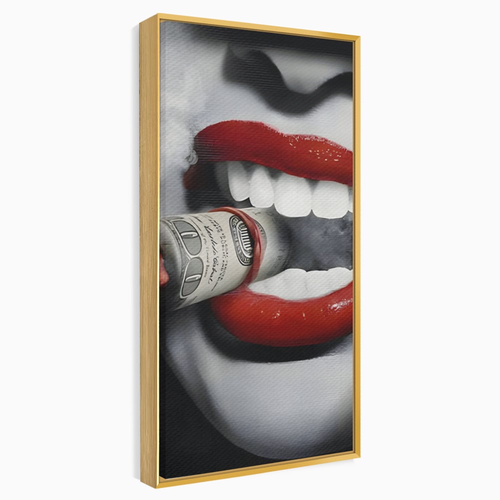 Tablou Canvas Premium LuxCanva® A1301, Dollar Cigarette, Living, Buze Rosii, Femeie, Fum, Cash, Dressing, Culori Vibrante