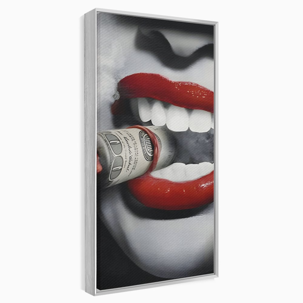 Tablou Canvas Premium LuxCanva® A1301, Dollar Cigarette, Living, Buze Rosii, Femeie, Fum, Cash, Dressing, Culori Vibrante