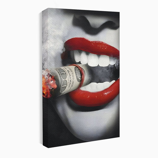 Tablou Canvas Premium LuxCanva® A1301, Dollar Cigarette, Living, Buze Rosii, Femeie, Fum, Cash, Dressing, Culori Vibrante