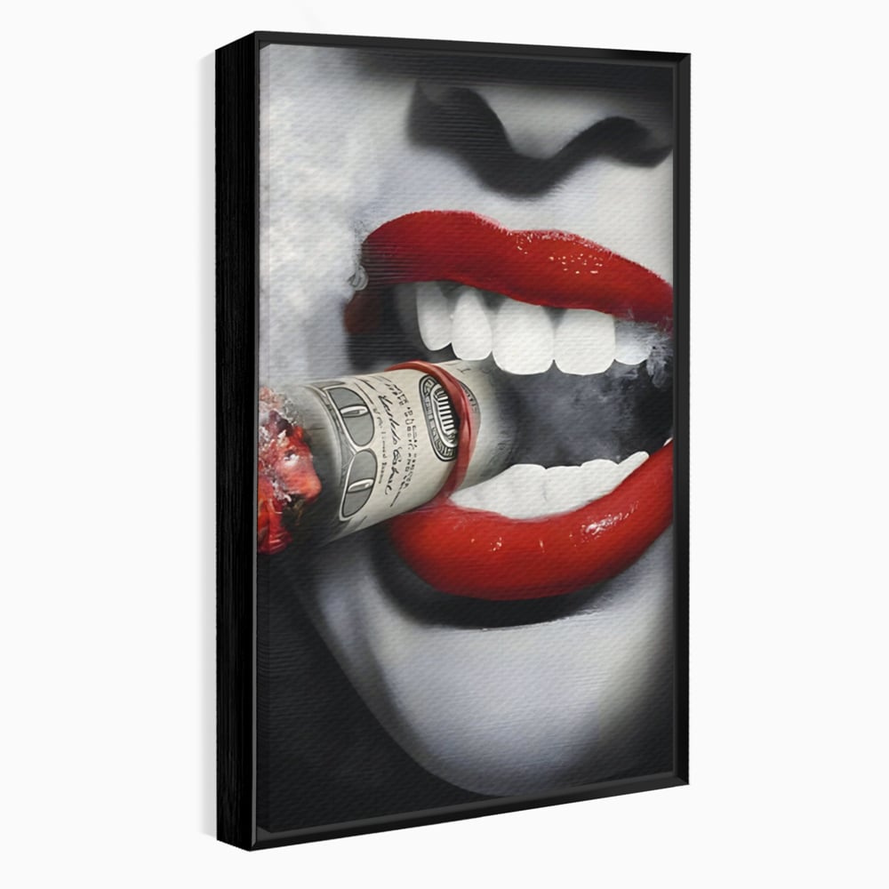 Tablou Canvas Premium LuxCanva® A1301, Dollar Cigarette, Living, Buze Rosii, Femeie, Fum, Cash, Dressing, Culori Vibrante