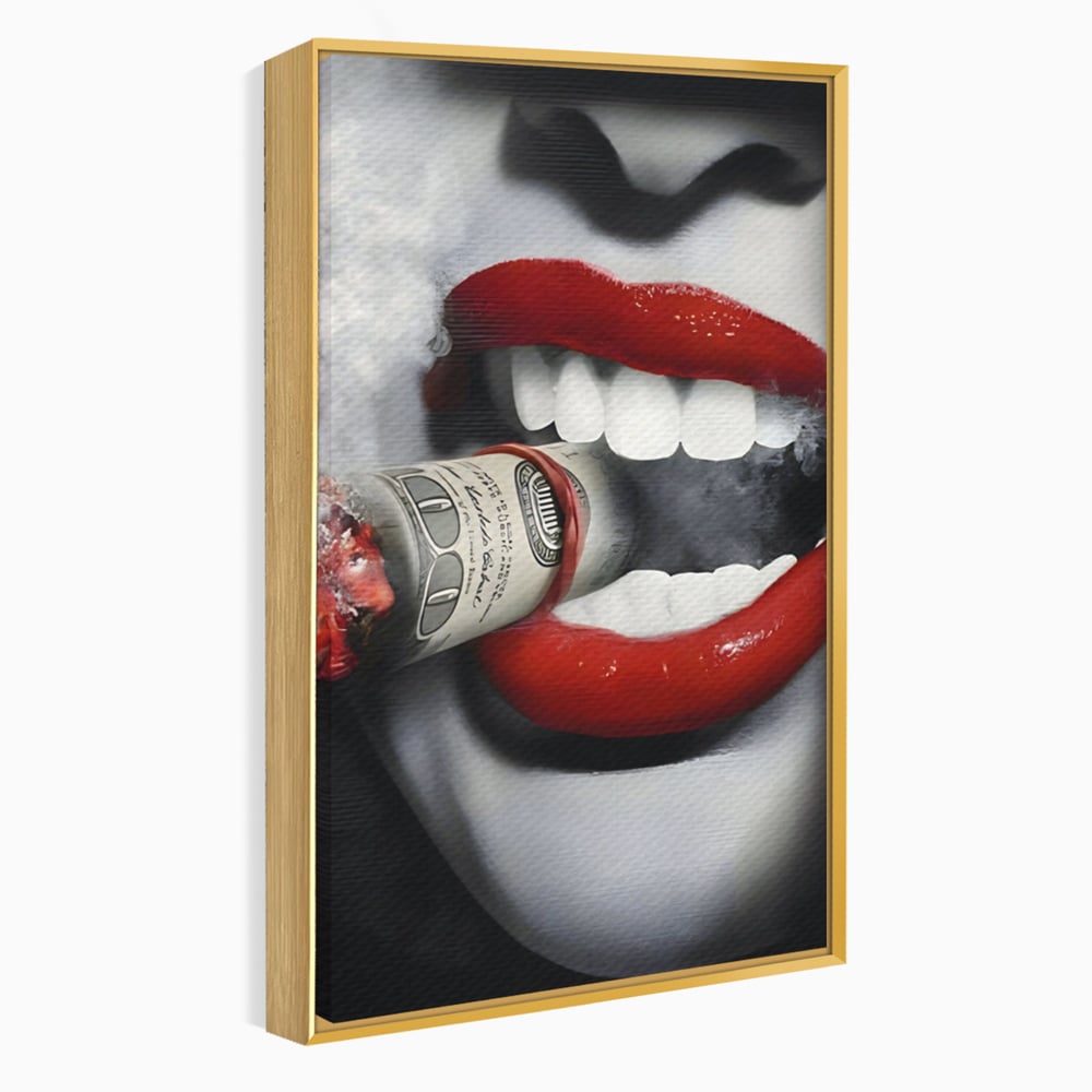 Tablou Canvas Premium LuxCanva® A1301, Dollar Cigarette, Living, Buze Rosii, Femeie, Fum, Cash, Dressing, Culori Vibrante