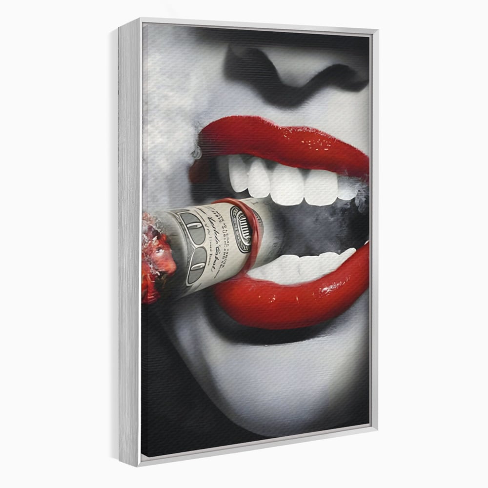 Tablou Canvas Premium LuxCanva® A1301, Dollar Cigarette, Living, Buze Rosii, Femeie, Fum, Cash, Dressing, Culori Vibrante