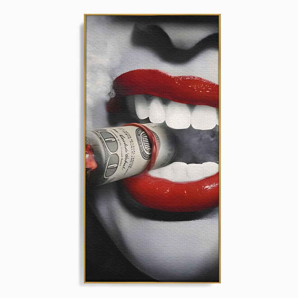 Tablou Canvas Premium LuxCanva® A1301, Dollar Cigarette, Living, Buze Rosii, Femeie, Fum, Cash, Dressing, Culori Vibrante
