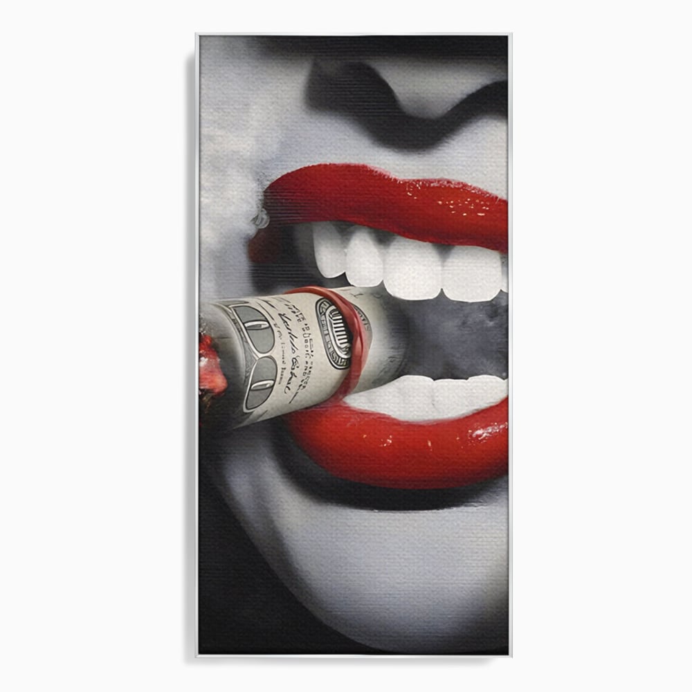 Tablou Canvas Premium LuxCanva® A1301, Dollar Cigarette, Living, Buze Rosii, Femeie, Fum, Cash, Dressing, Culori Vibrante