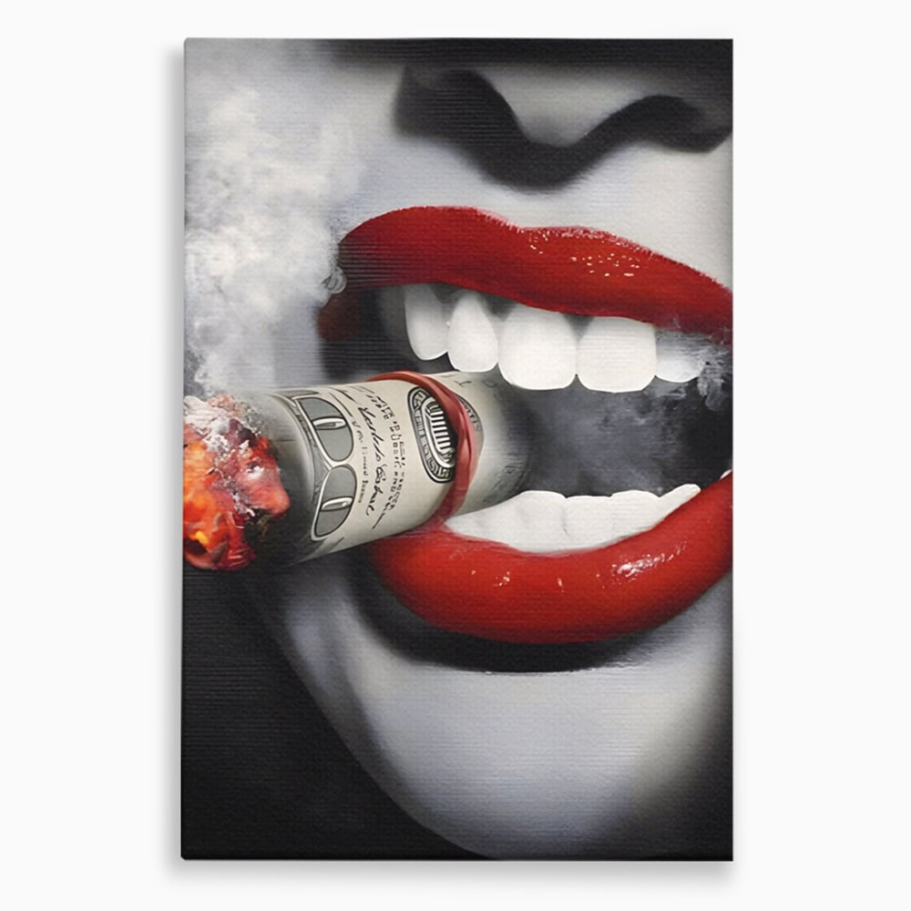 Tablou Canvas Premium LuxCanva® A1301, Dollar Cigarette, Living, Buze Rosii, Femeie, Fum, Cash, Dressing, Culori Vibrante