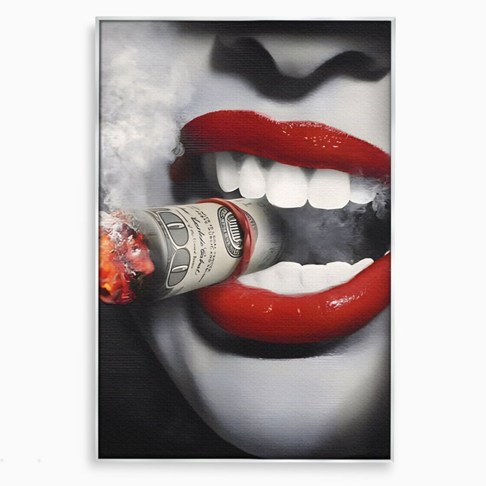 Tablou Canvas Premium LuxCanva® A1301, Dollar Cigarette, Living, Buze Rosii, Femeie, Fum, Cash, Dressing, Culori Vibrante