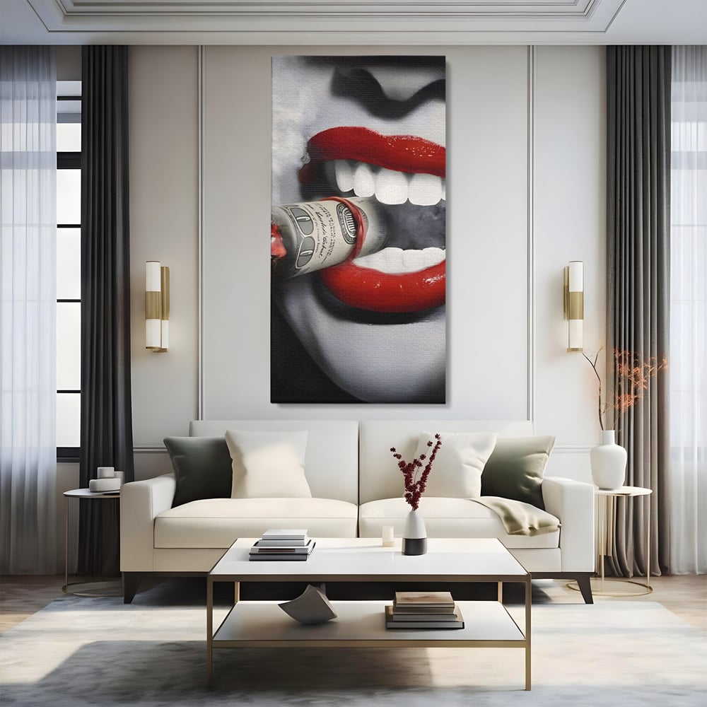 Tablou Canvas Premium LuxCanva® A1301, Dollar Cigarette, Living, Buze Rosii, Femeie, Fum, Cash, Dressing, Culori Vibrante