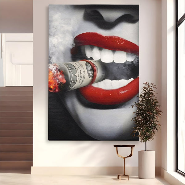 Tablou Canvas Premium LuxCanva® A1301, Dollar Cigarette, Living, Buze Rosii, Femeie, Fum, Cash, Dressing, Culori Vibrante