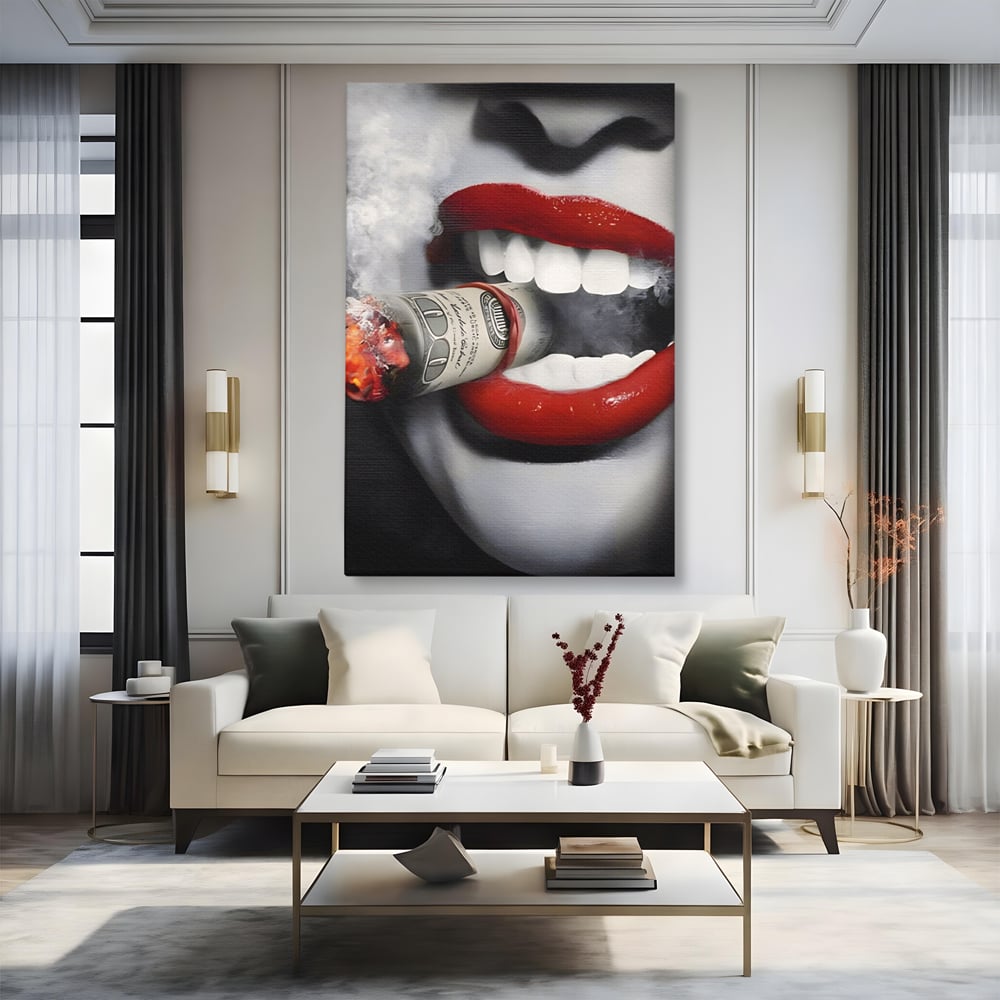 Tablou Canvas Premium LuxCanva® A1301, Dollar Cigarette, Living, Buze Rosii, Femeie, Fum, Cash, Dressing, Culori Vibrante