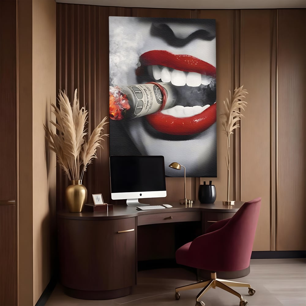 Tablou Canvas Premium LuxCanva® A1301, Dollar Cigarette, Living, Buze Rosii, Femeie, Fum, Cash, Dressing, Culori Vibrante