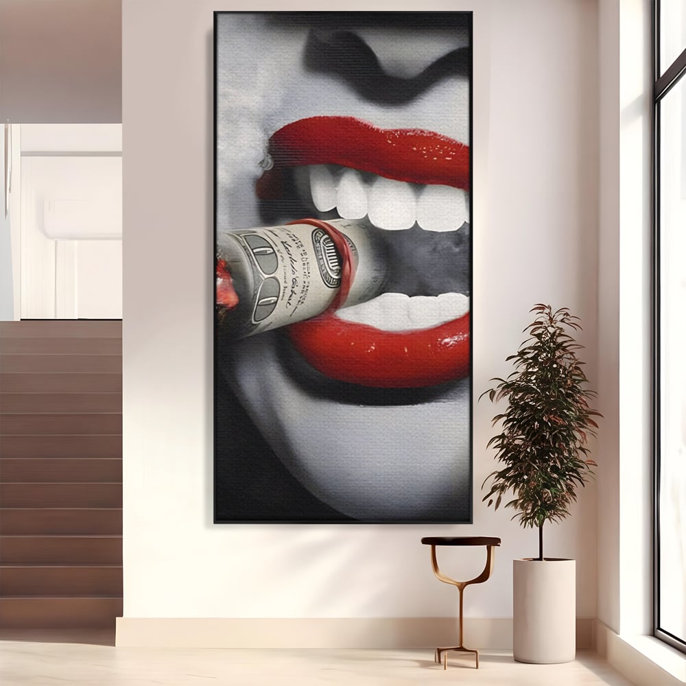 Tablou Canvas Premium LuxCanva® A1301, Dollar Cigarette, Living, Buze Rosii, Femeie, Fum, Cash, Dressing, Culori Vibrante