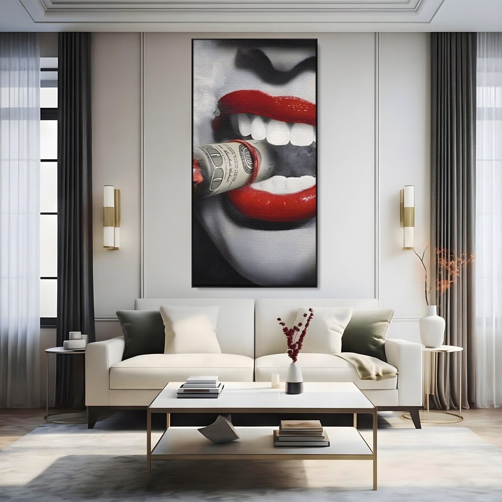Tablou Canvas Premium LuxCanva® A1301, Dollar Cigarette, Living, Buze Rosii, Femeie, Fum, Cash, Dressing, Culori Vibrante