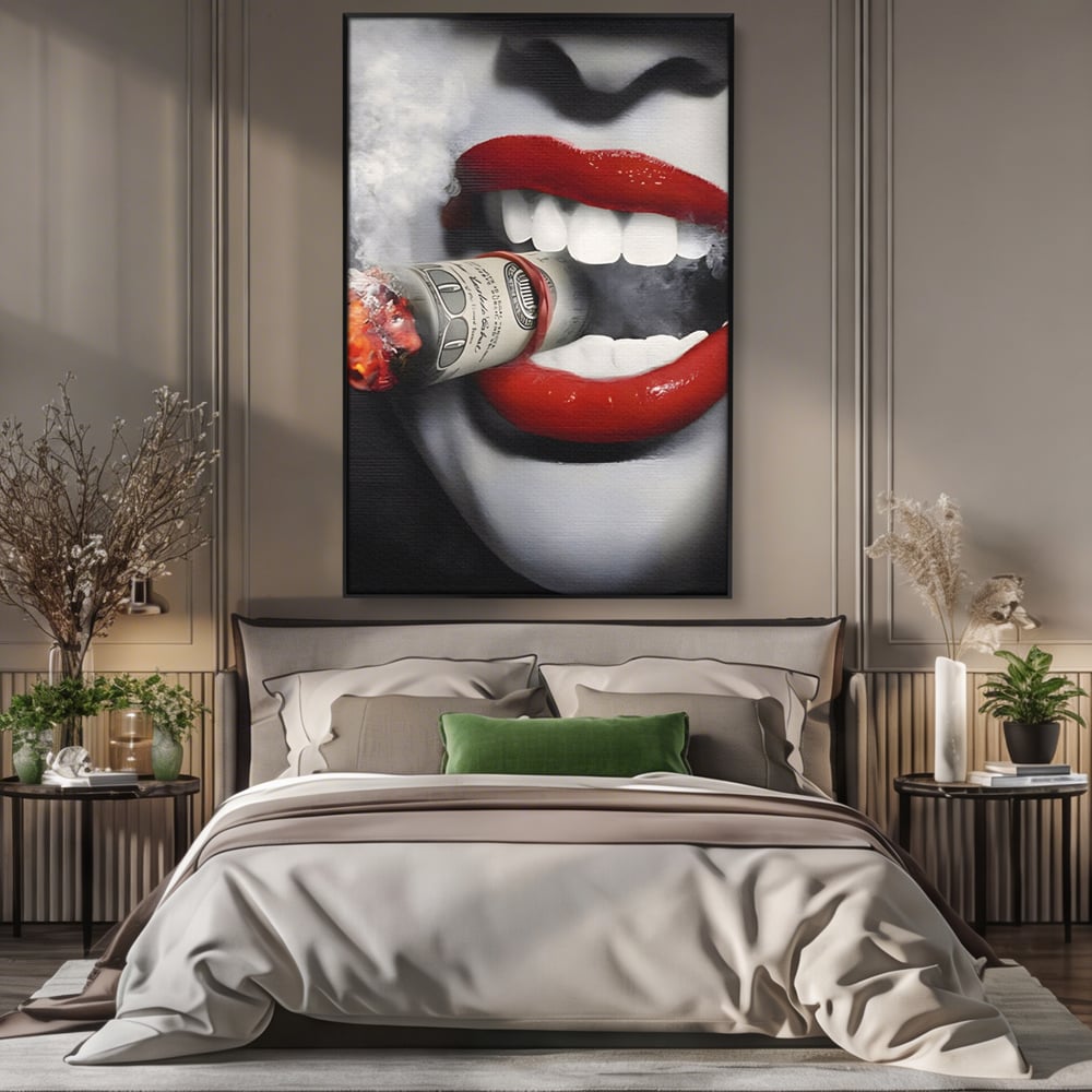 Tablou Canvas Premium LuxCanva® A1301, Dollar Cigarette, Living, Buze Rosii, Femeie, Fum, Cash, Dressing, Culori Vibrante