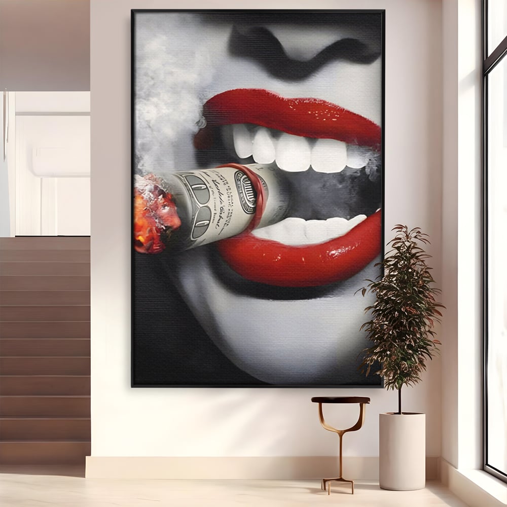 Tablou Canvas Premium LuxCanva® A1301, Dollar Cigarette, Living, Buze Rosii, Femeie, Fum, Cash, Dressing, Culori Vibrante