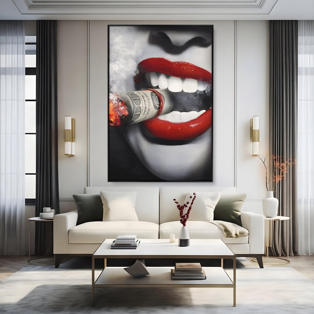 Tablou Canvas Premium LuxCanva® A1301, Dollar Cigarette, Living, Buze Rosii, Femeie, Fum, Cash, Dressing, Culori Vibrante