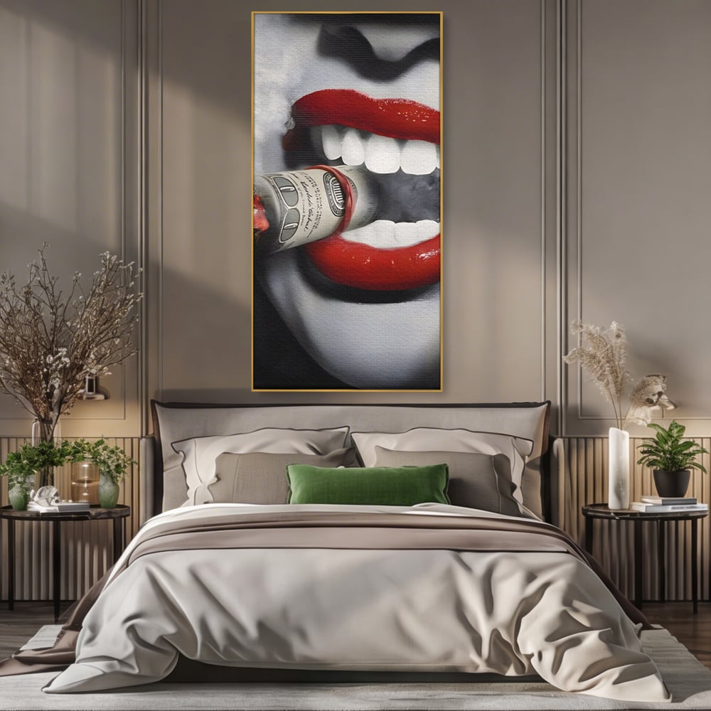 Tablou Canvas Premium LuxCanva® A1301, Dollar Cigarette, Living, Buze Rosii, Femeie, Fum, Cash, Dressing, Culori Vibrante
