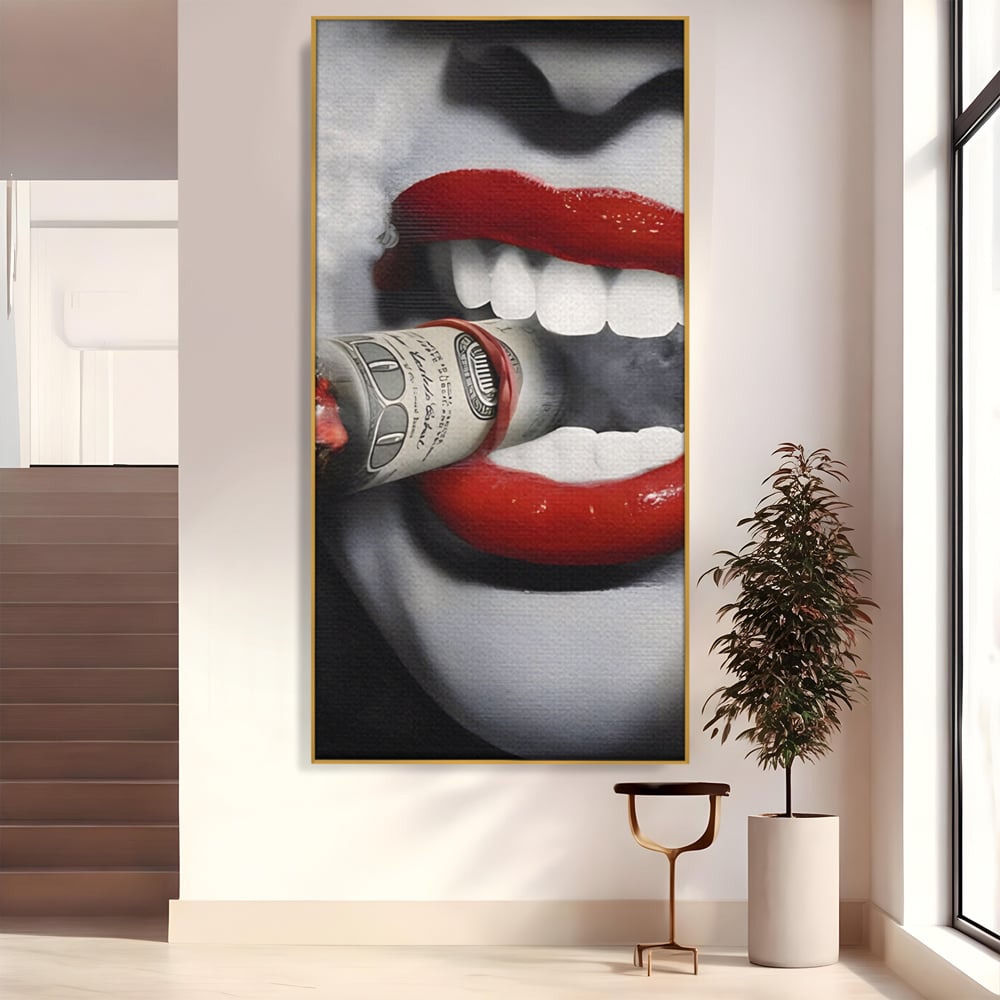 Tablou Canvas Premium LuxCanva® A1301, Dollar Cigarette, Living, Buze Rosii, Femeie, Fum, Cash, Dressing, Culori Vibrante