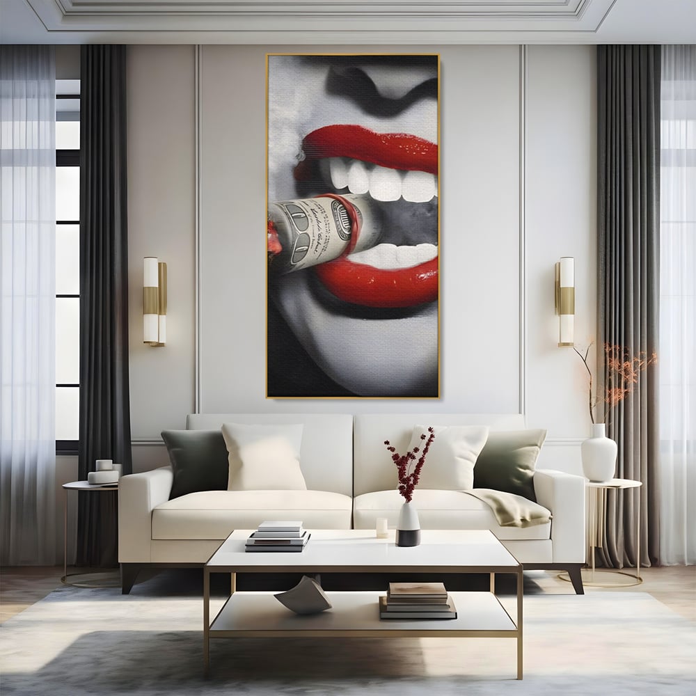Tablou Canvas Premium LuxCanva® A1301, Dollar Cigarette, Living, Buze Rosii, Femeie, Fum, Cash, Dressing, Culori Vibrante